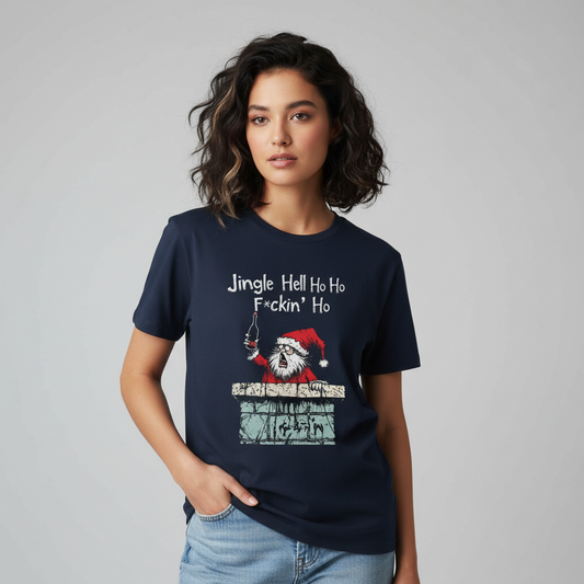 Alternative Hispanic female wearing Santa Energy T-Shirt in navy