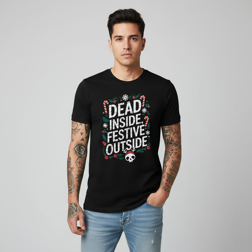 Alternative Hispanic male with tattoos wearing Dead Inside Festive T-Shirt in black