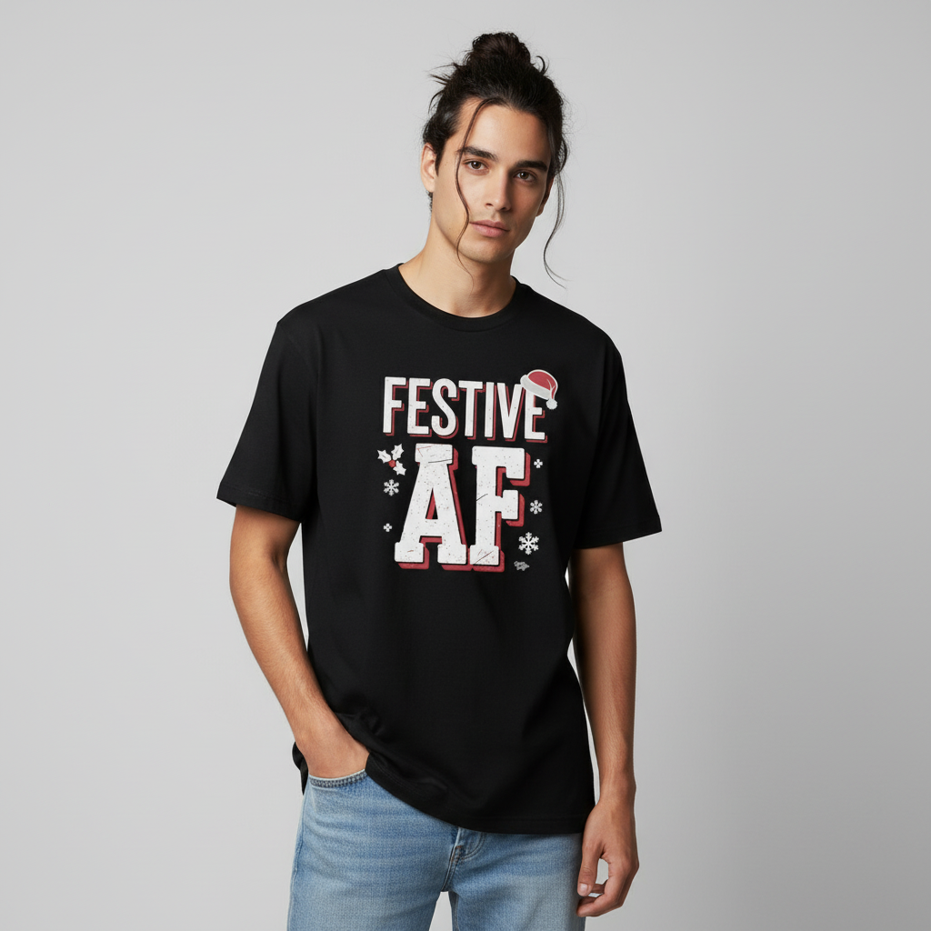 Alternative Hispanic male with top knot wearing Festive AF T-Shirt in black