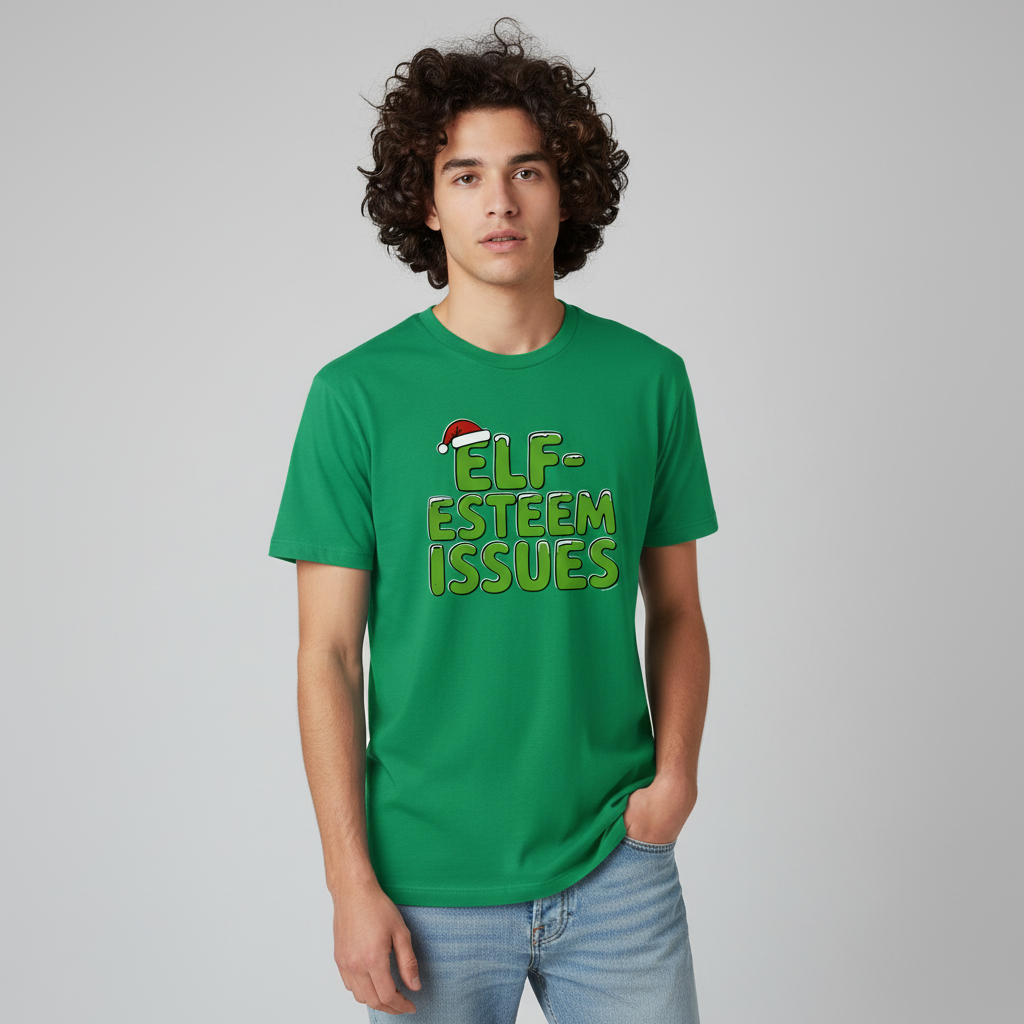 Alternative indie guy wearing Elf Esteem Issues T-Shirt in green - waist up