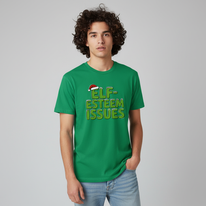Alternative indie guy wearing Elf Esteem Issues T-Shirt in green - waist up