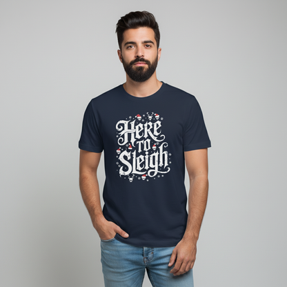 Alternative Middle Eastern male with beard wearing Here to Sleigh T-Shirt in navy