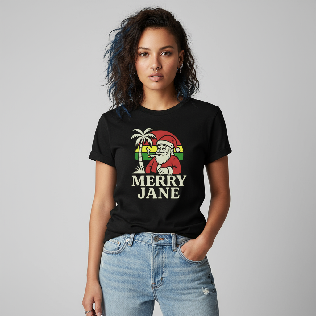 Alternative mixed-race female with piercings wearing Merry Jane Santa T-Shirt in black