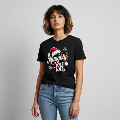Alternative South Asian female wearing Naughty-ish T-Shirt in black