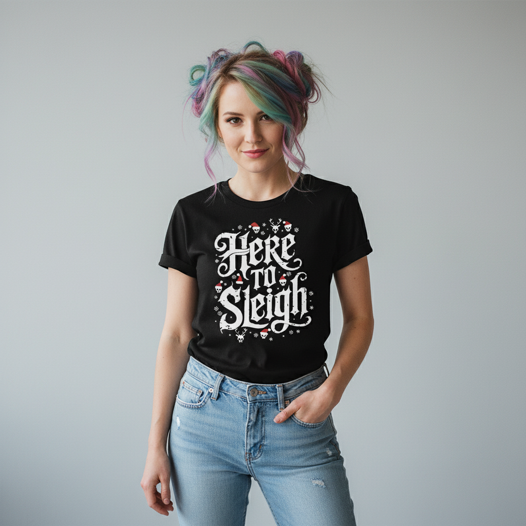 Alternative white female with colorful hair wearing Here to Sleigh T-Shirt in black