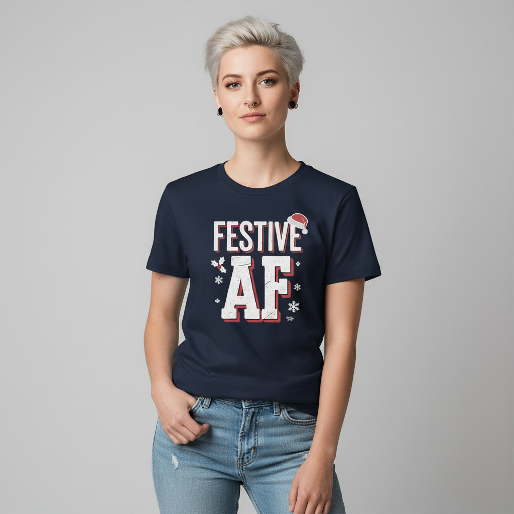 Alternative white female with short hair and piercings wearing Festive AF T-Shirt in navy