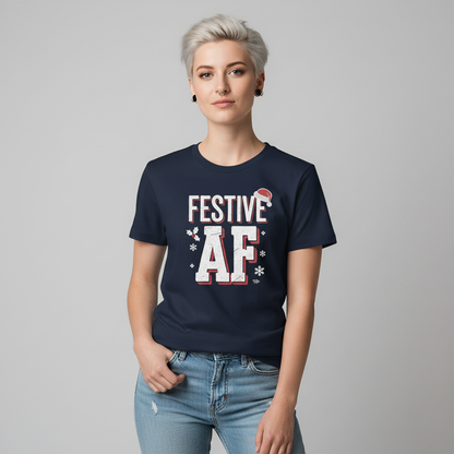 Alternative white female with short hair and piercings wearing Festive AF T-Shirt in navy