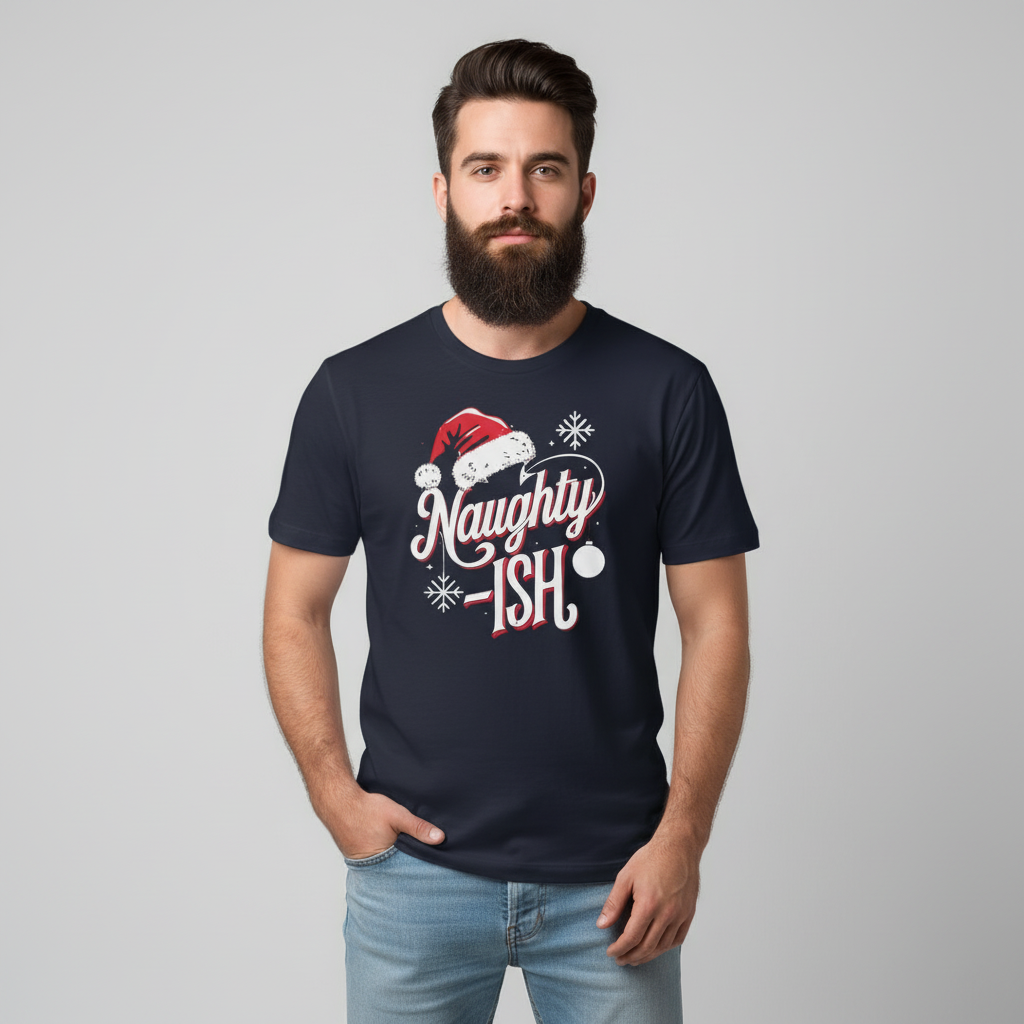 Alternative white male with beard wearing Naughty-ish T-Shirt in navy