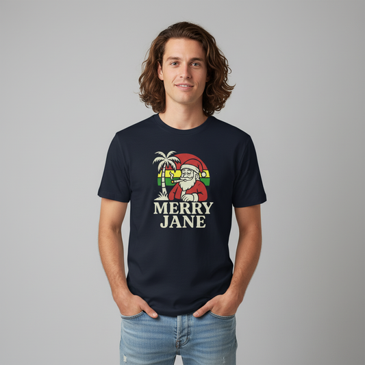 Alternative white male with long hair wearing Merry Jane Santa T-Shirt in navy
