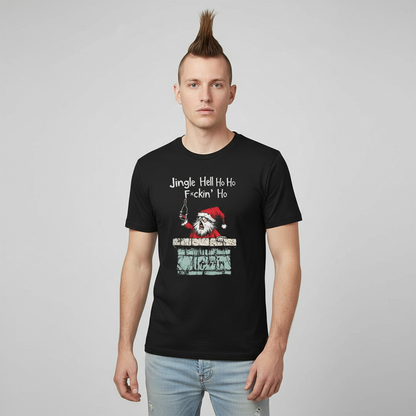 Alternative white male with mohawk wearing Santa Energy T-Shirt in black