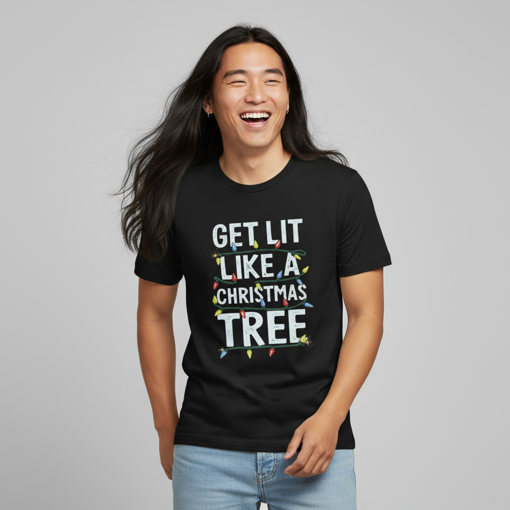 Asian male with long hair laughing wearing Get Lit T-Shirt in black