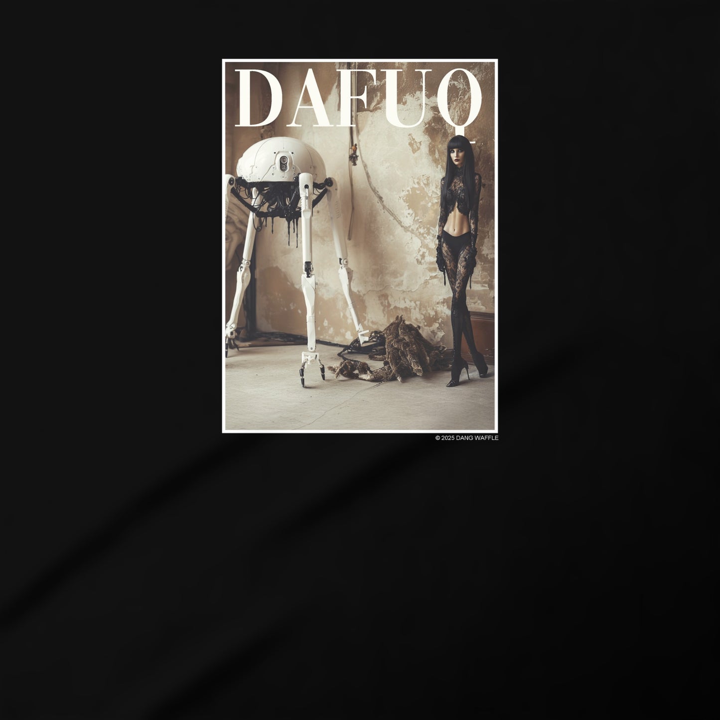 The image is a square with a black background and a white border. It features a robot and a woman in a room with a concrete floor.