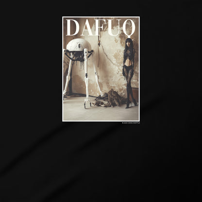 The image is a square with a black background and a white border. It features a robot and a woman in a room with a concrete floor.