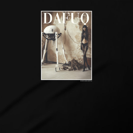 The image is a square with a black background and a white border. It features a robot and a woman in a room with a concrete floor.