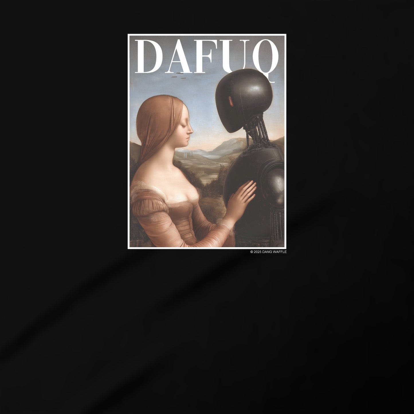 The image is a framed artwork depicting a woman and a robot in a surreal, artistic style.