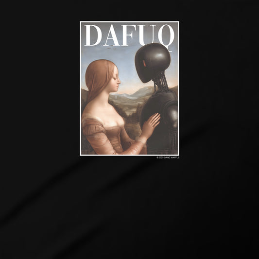 The image is a framed artwork depicting a woman and a robot in a surreal, artistic style.