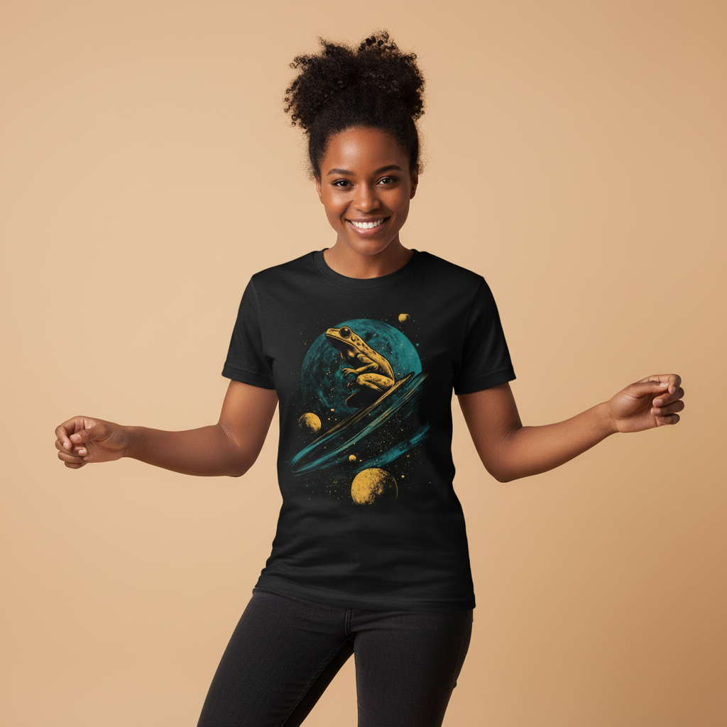 Black college-age woman, friendly look, dancing pose, black t-shirt, orange background