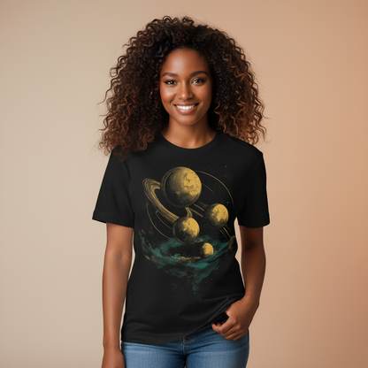 Black female college student with long hair, smiling, black t-shirt, orange background