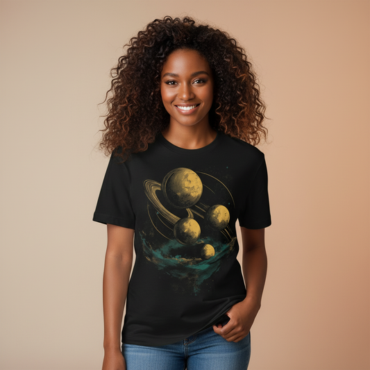 Black female college student with long hair, smiling, black t-shirt, orange background