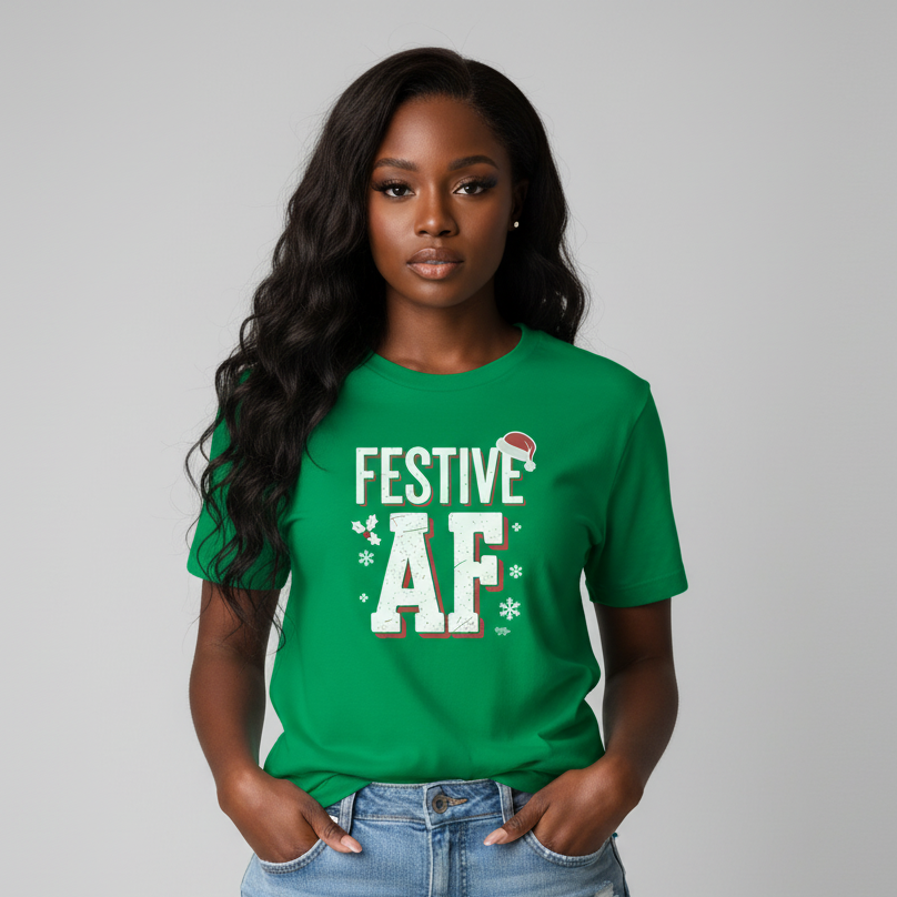 Black female model wearing Festive AF T-Shirt in green