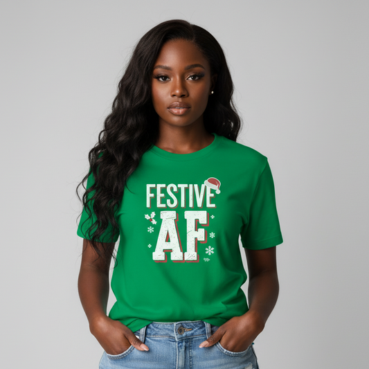 Black female model wearing Festive AF T-Shirt in green