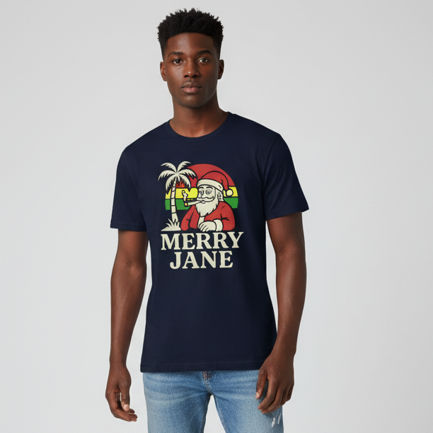 Black male model wearing Merry Jane T-Shirt in navy