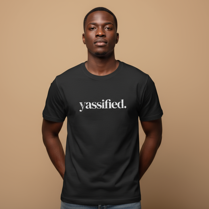 Black male model wearing Yassified t-shirt