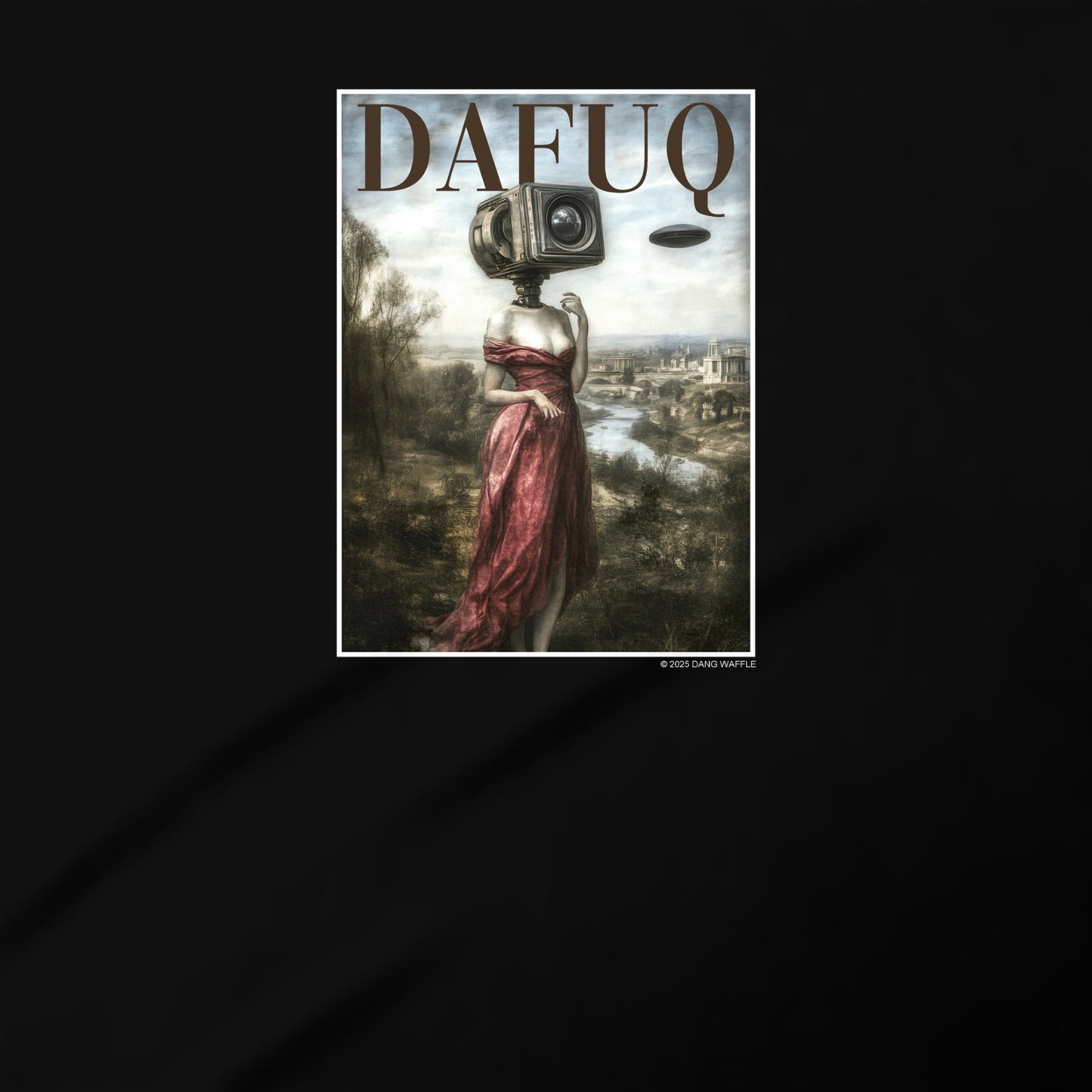 The image is a surreal collage featuring a woman with a camera head standing in a field, wearing a red dress.