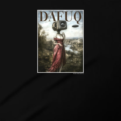 The image is a surreal collage featuring a woman with a camera head standing in a field, wearing a red dress.