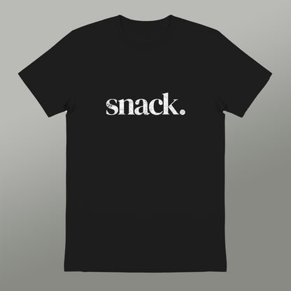 A black t-shirt with the word "snack" printed in white text.