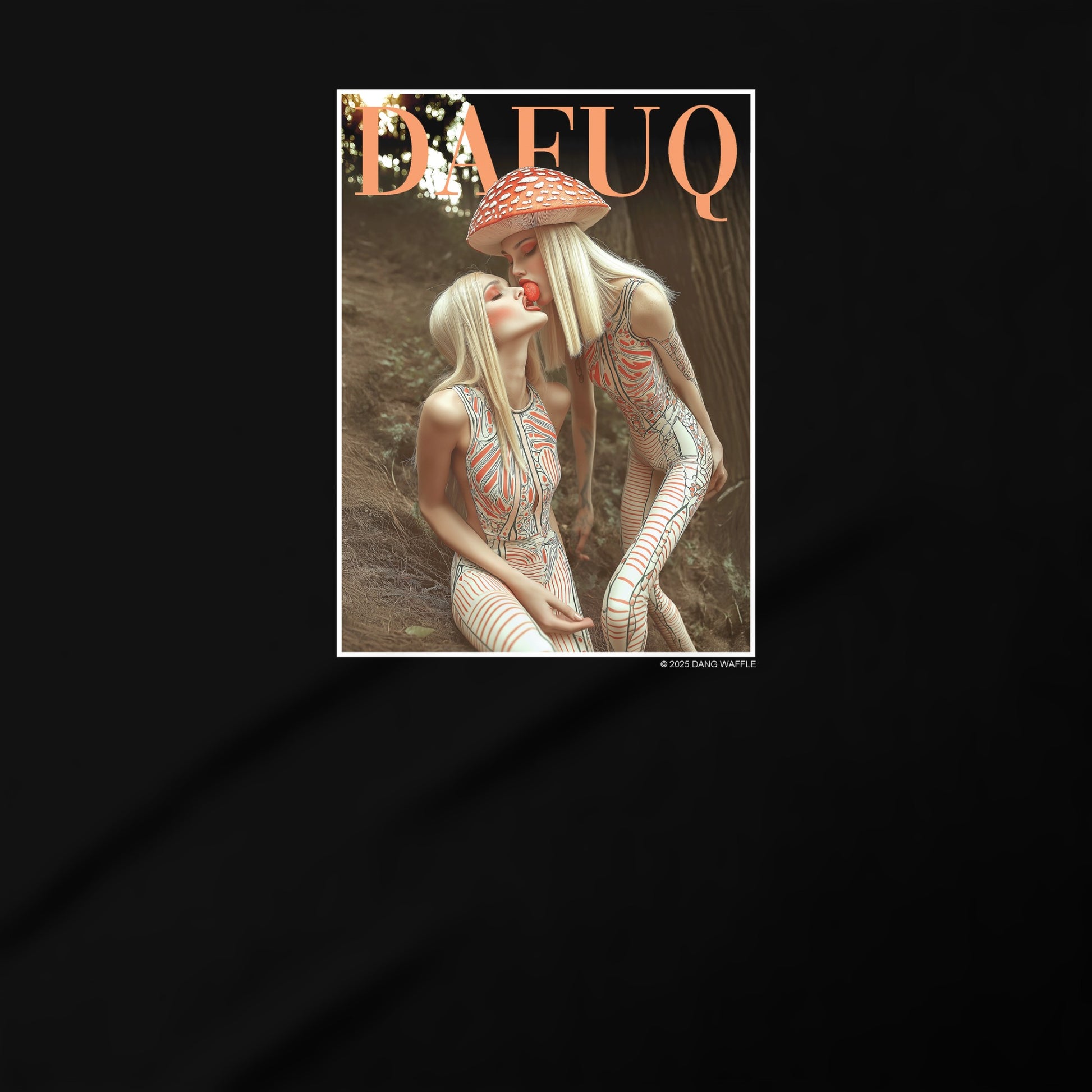 The image is a magazine cover featuring two women in a forest setting, with one woman wearing a mushroom hat.