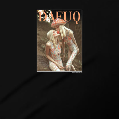 The image is a magazine cover featuring two women in a forest setting, with one woman wearing a mushroom hat.