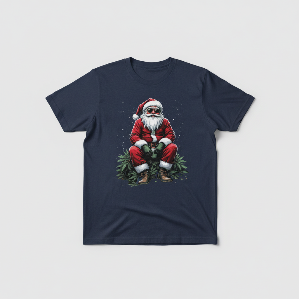 Classic Claus Cannabis T-Shirt flat lay in navy