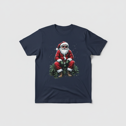 Classic Claus Cannabis T-Shirt flat lay in navy