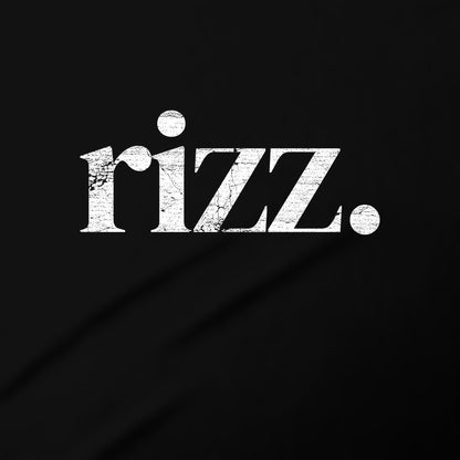 the word "rizz" in a stylized font against a black background.