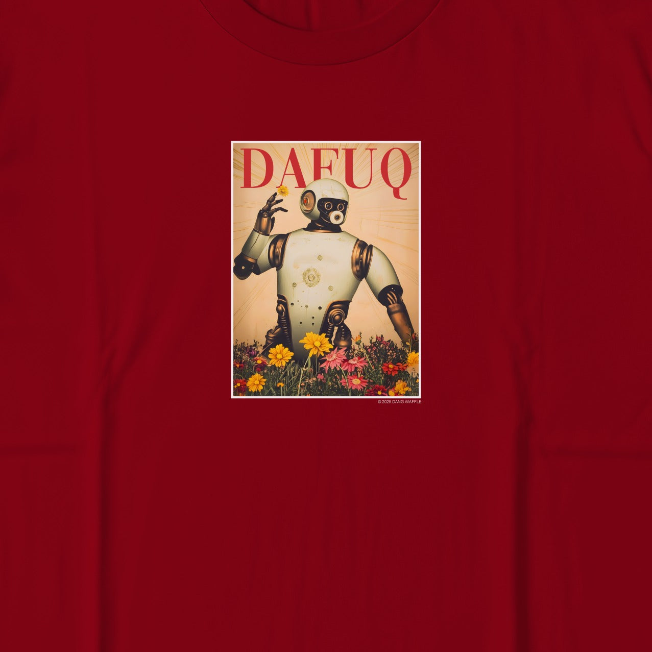 DAFUQ Robot in Flower Field Red Graphic T-Shirt