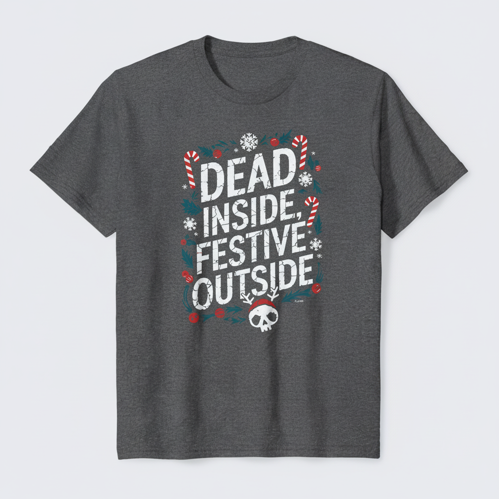 Dead Inside Festive Outside T-Shirt flat lay in graphite heather