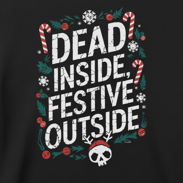 Dead Inside Festive T-Shirt close-up in black - wrinkle-free