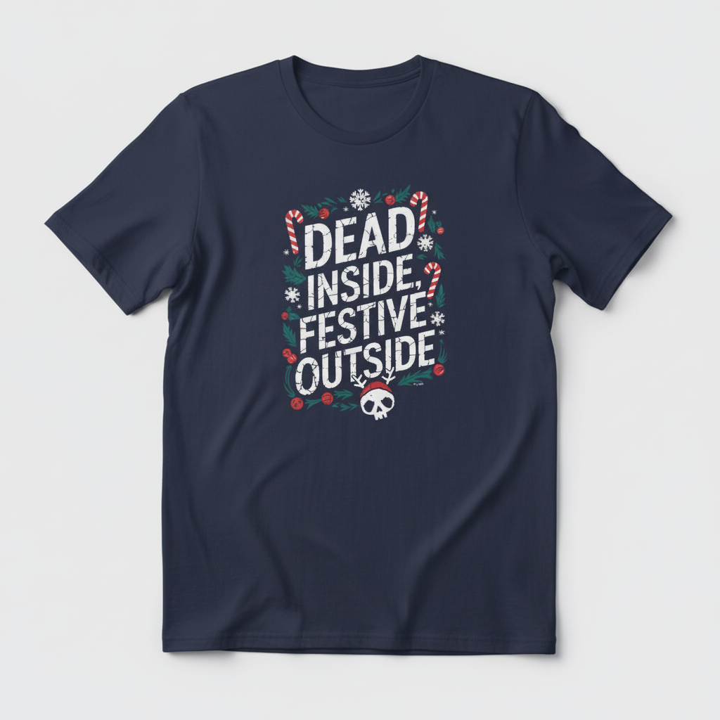 Dead Inside Festive T-Shirt flat lay in navy