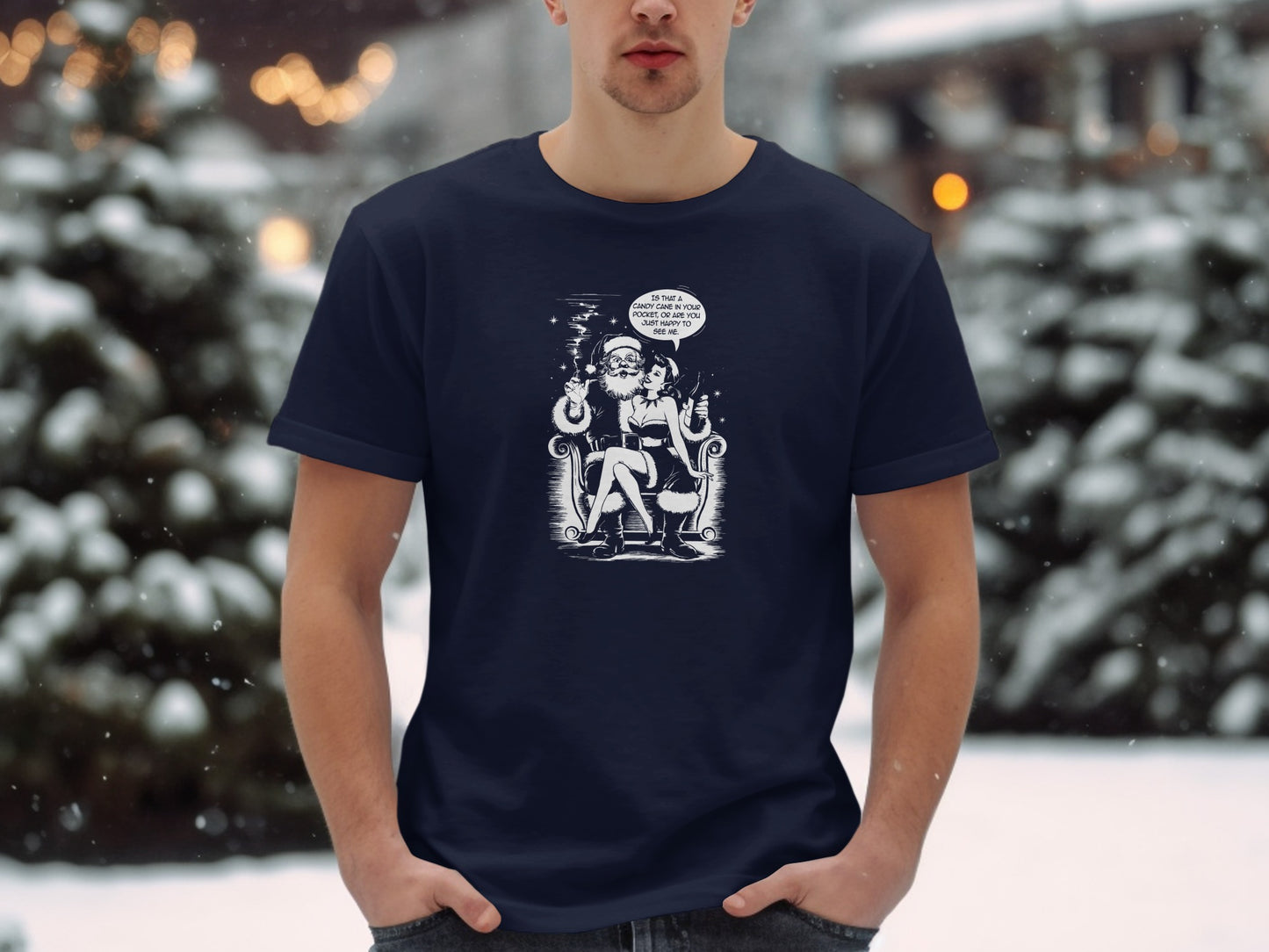Santa and Woman with Drink Funny Graphic Tee Shirt