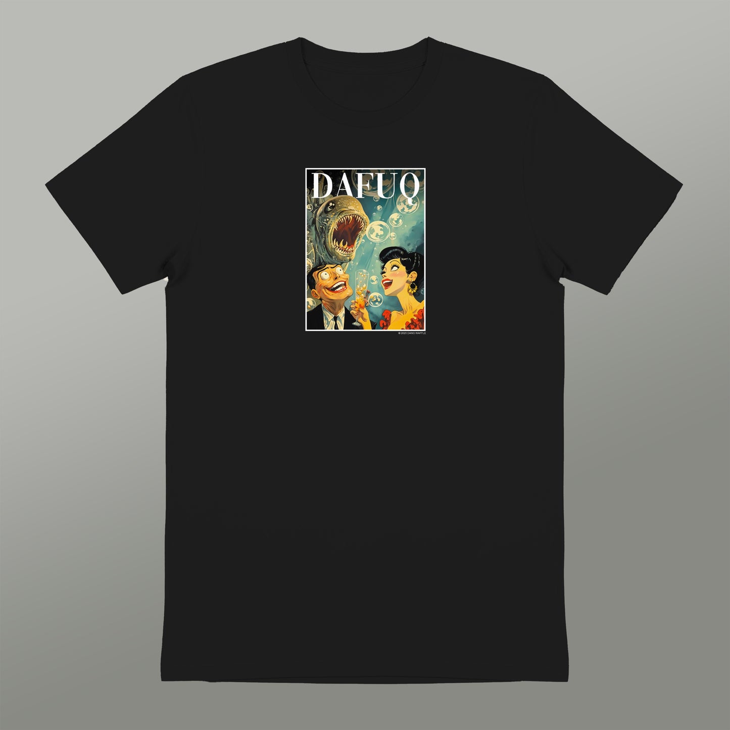 A black t-shirt with a graphic design featuring a cartoon-style illustration of a person and a large, menacing-looking creature, along with the text "DAFQ".