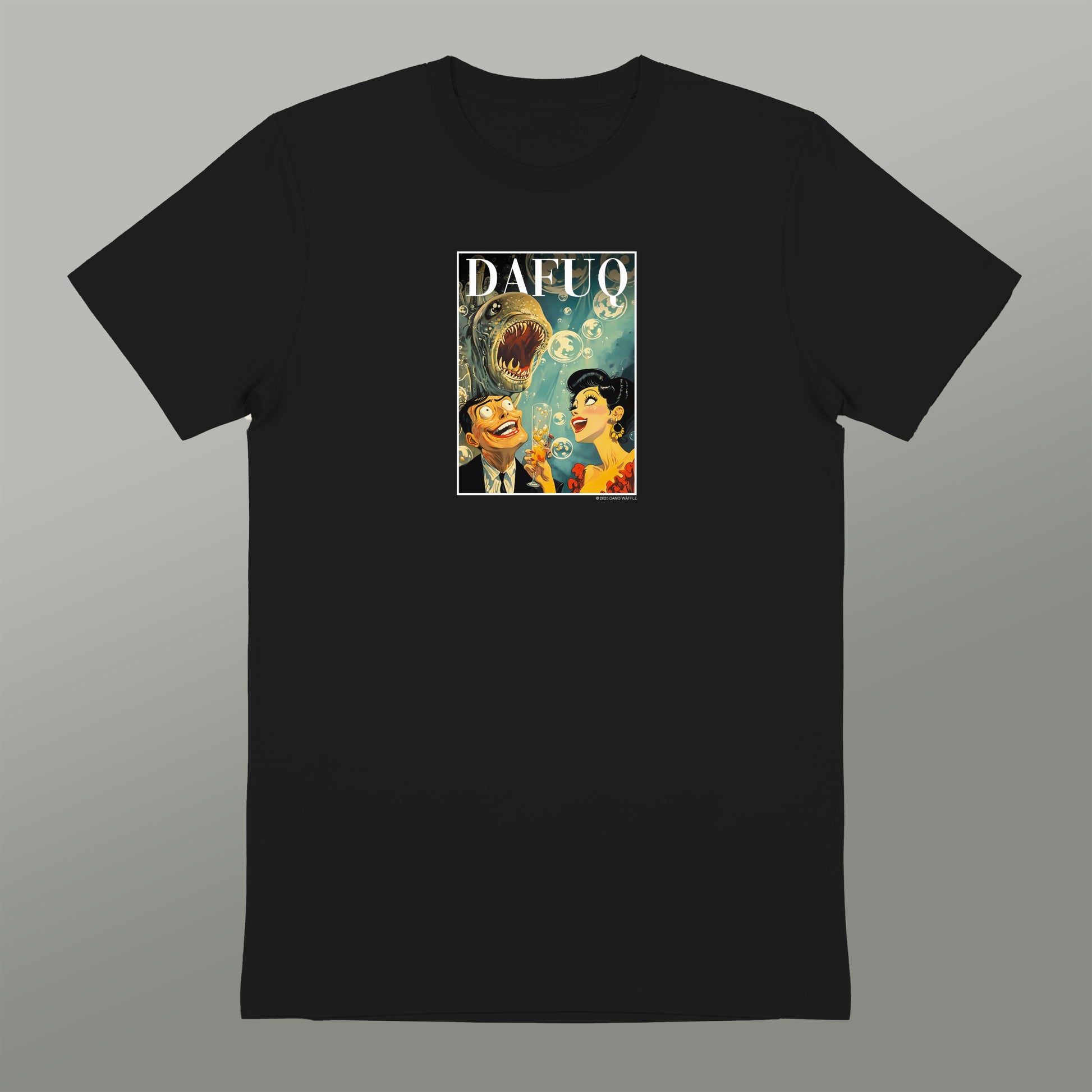 A black t-shirt with a graphic design featuring a cartoon-style illustration of a person and a large, menacing-looking creature, along with the text "DAFQ".