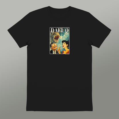 A black t-shirt with a graphic design featuring a cartoon-style illustration of a person and a large, menacing-looking creature, along with the text "DAFQ".