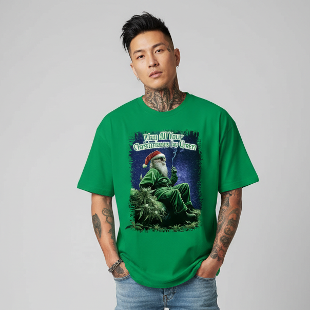 Edgy Asian male model wearing Green Santa T-Shirt in green
