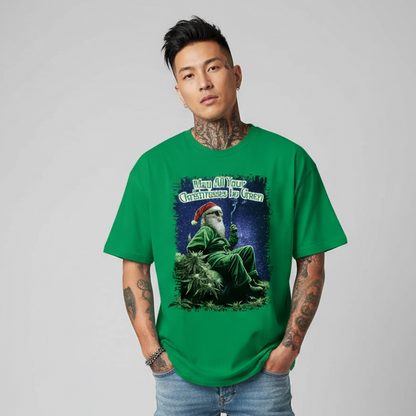 Edgy Asian male model wearing Green Santa T-Shirt in green