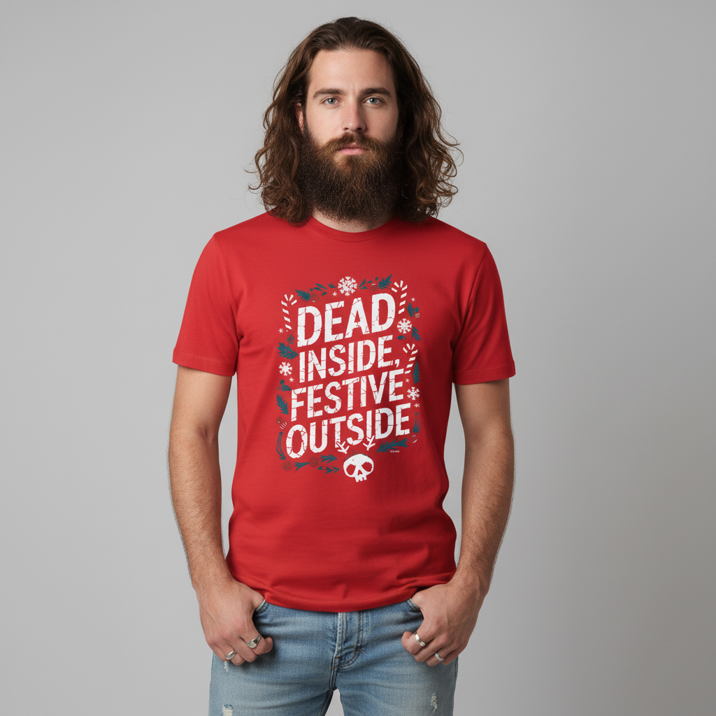 Edgy guy with beard and long hair wearing Dead Inside Festive Outside T-Shirt in red