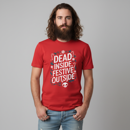 Edgy guy with beard and long hair wearing Dead Inside Festive Outside T-Shirt in red