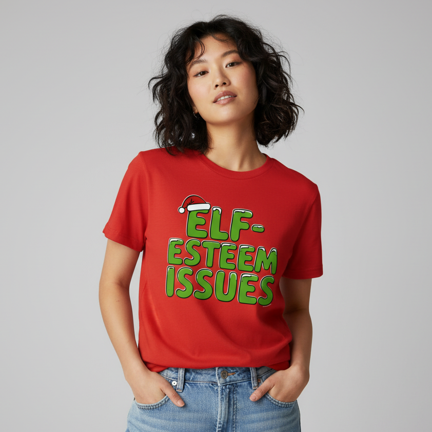 Edgy indie Asian female model wearing Elf Esteem Issues T-Shirt in red - waist up