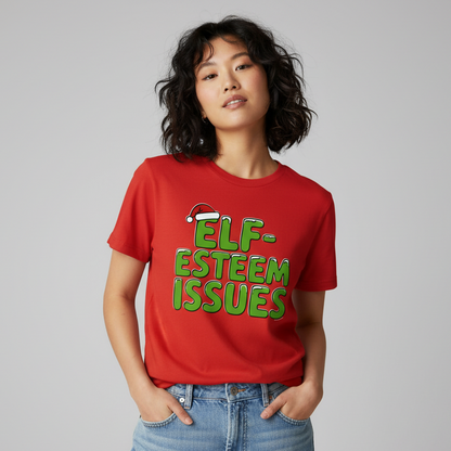 Edgy indie Asian female model wearing Elf Esteem Issues T-Shirt in red - waist up