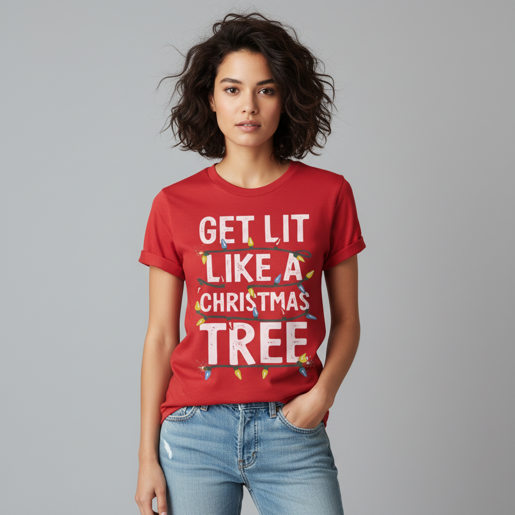 Edgy indie Hispanic female model wearing Get Lit T-Shirt in red